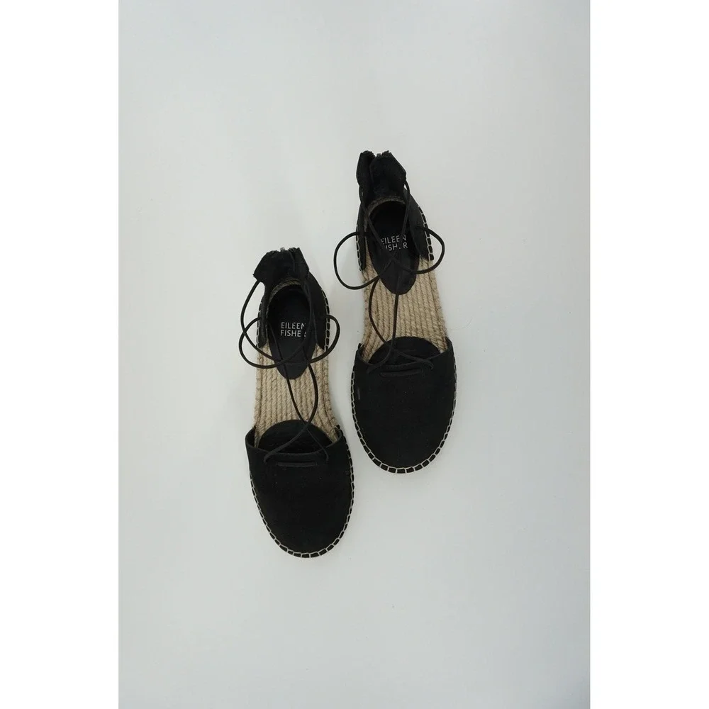 Eileen Fisher Lace Leather Espadrille Flats Minimalist Suede Ankle Tie Black 8.5